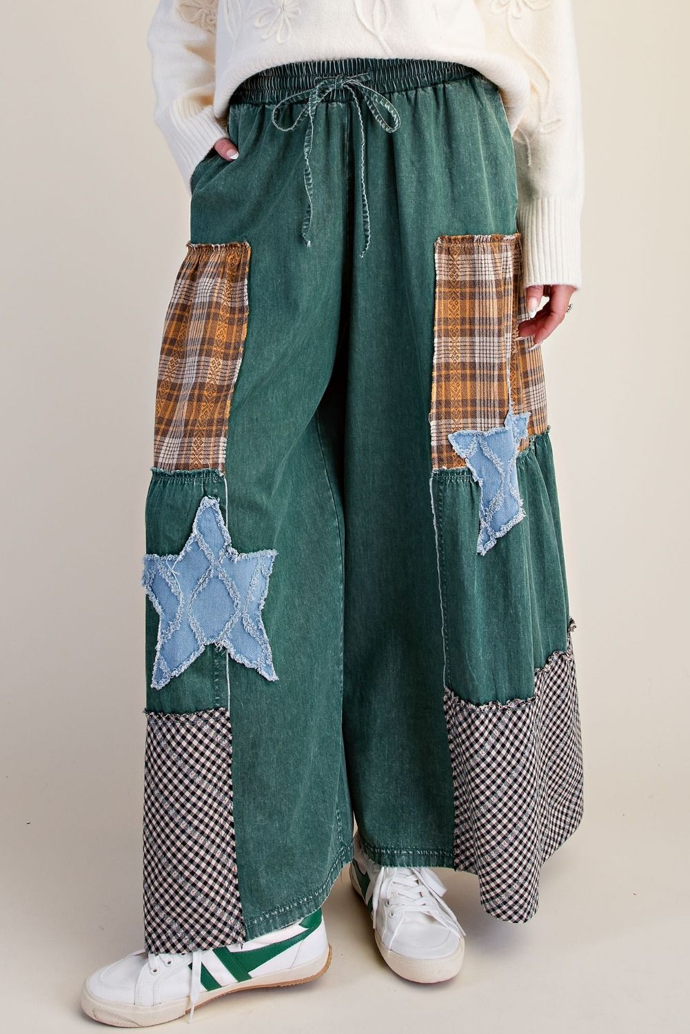 Print Mixed Palazzo Pants-Pine Green
