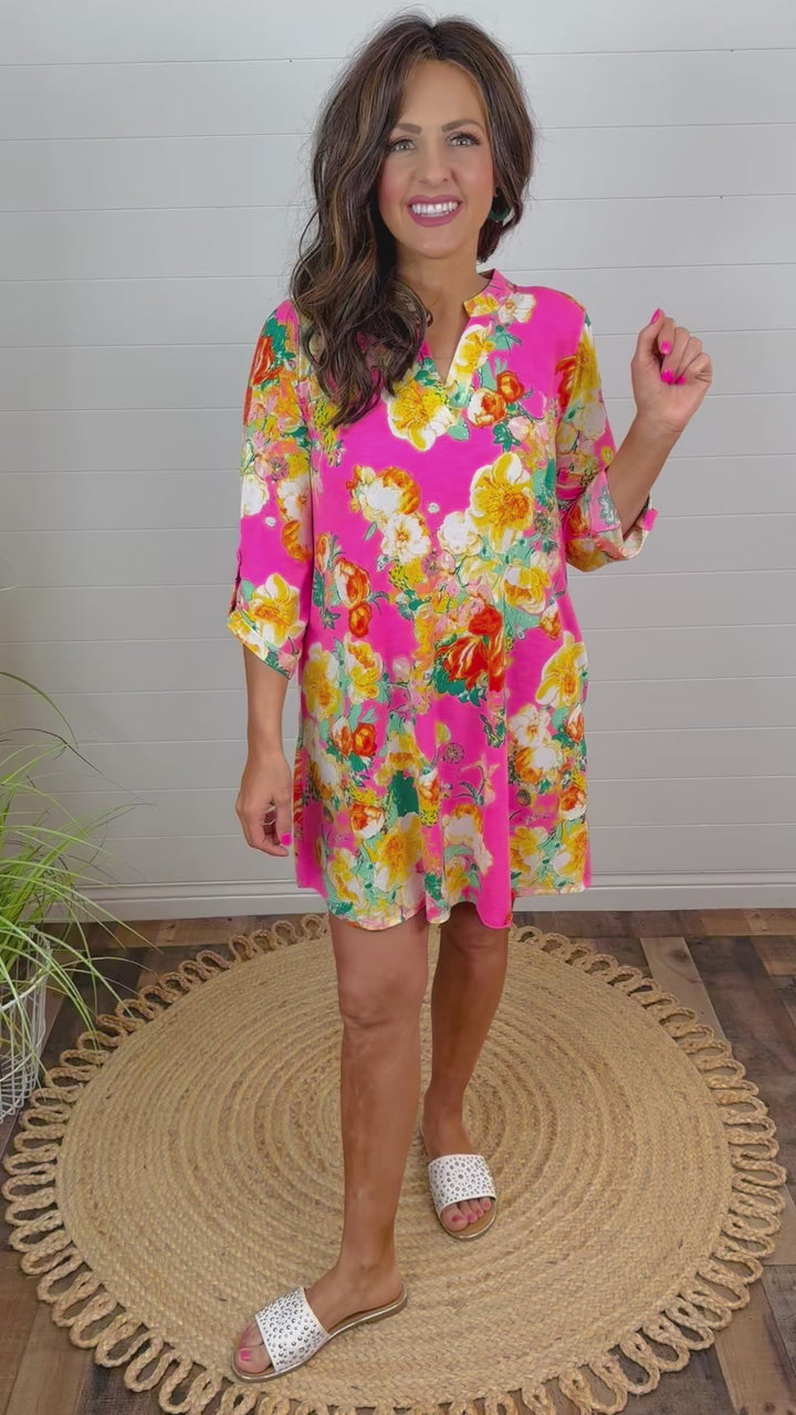 Hot Pink Multi-Colored Floral Shift Dress - Available Small Through Extended Sizes
