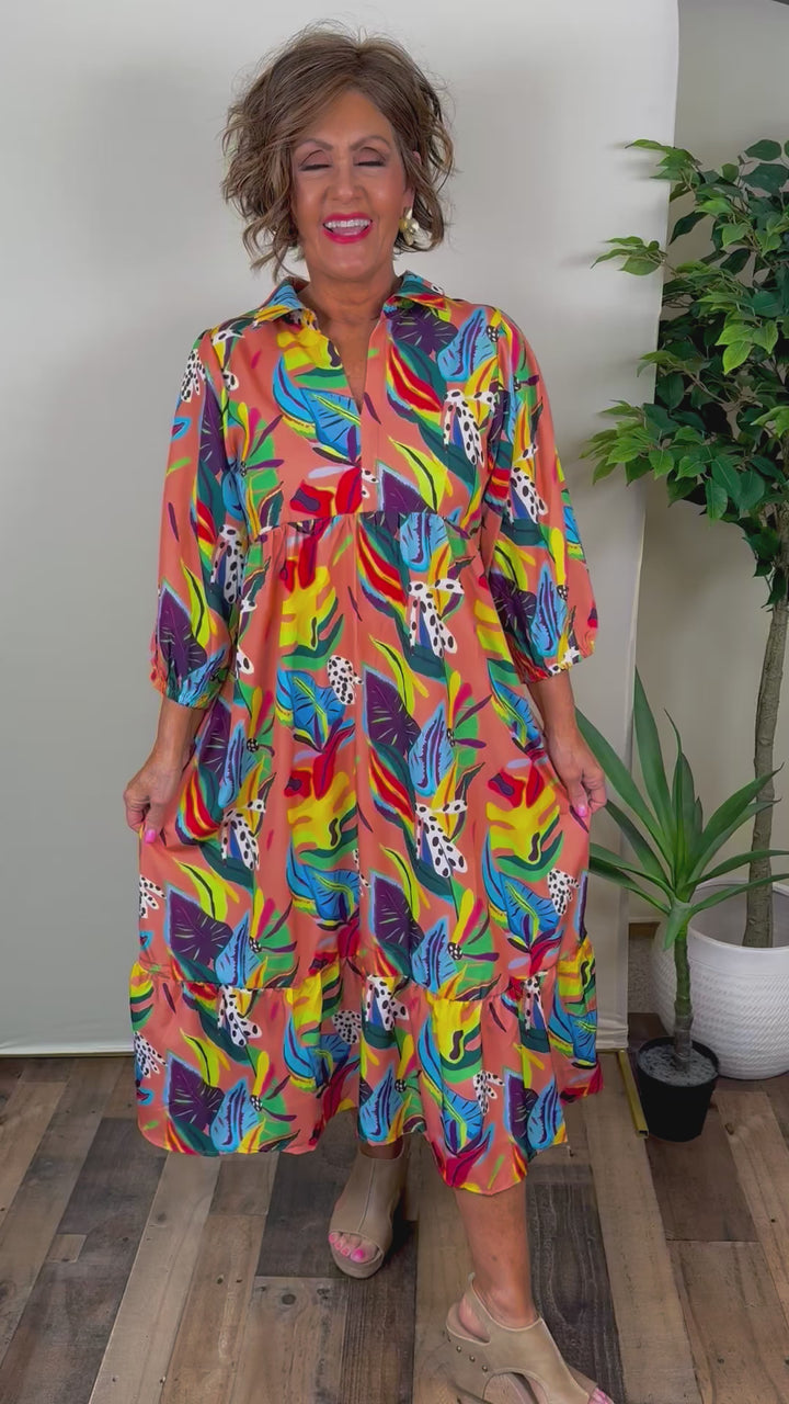 Apricot Tropical Print A-Line Collared V-Neck Midi Dress with 3/4 Sleeves - Available Small Through Extended Sizes