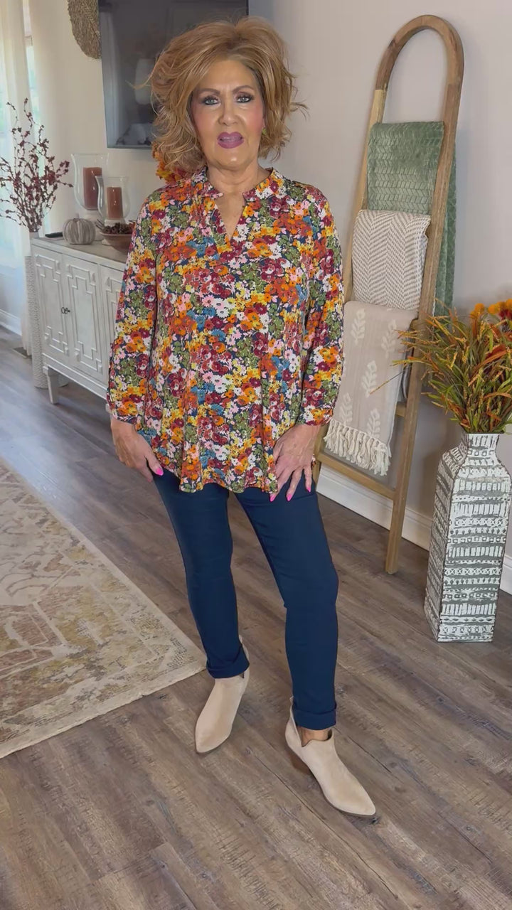 Navy Floral Print Blouse