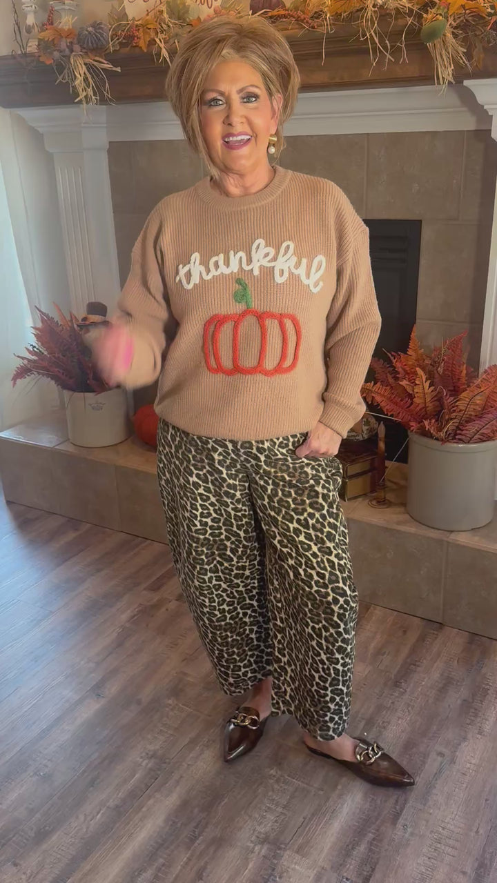 Dusty Brown Thankful Pumpkin 3D Embroidered Sweater