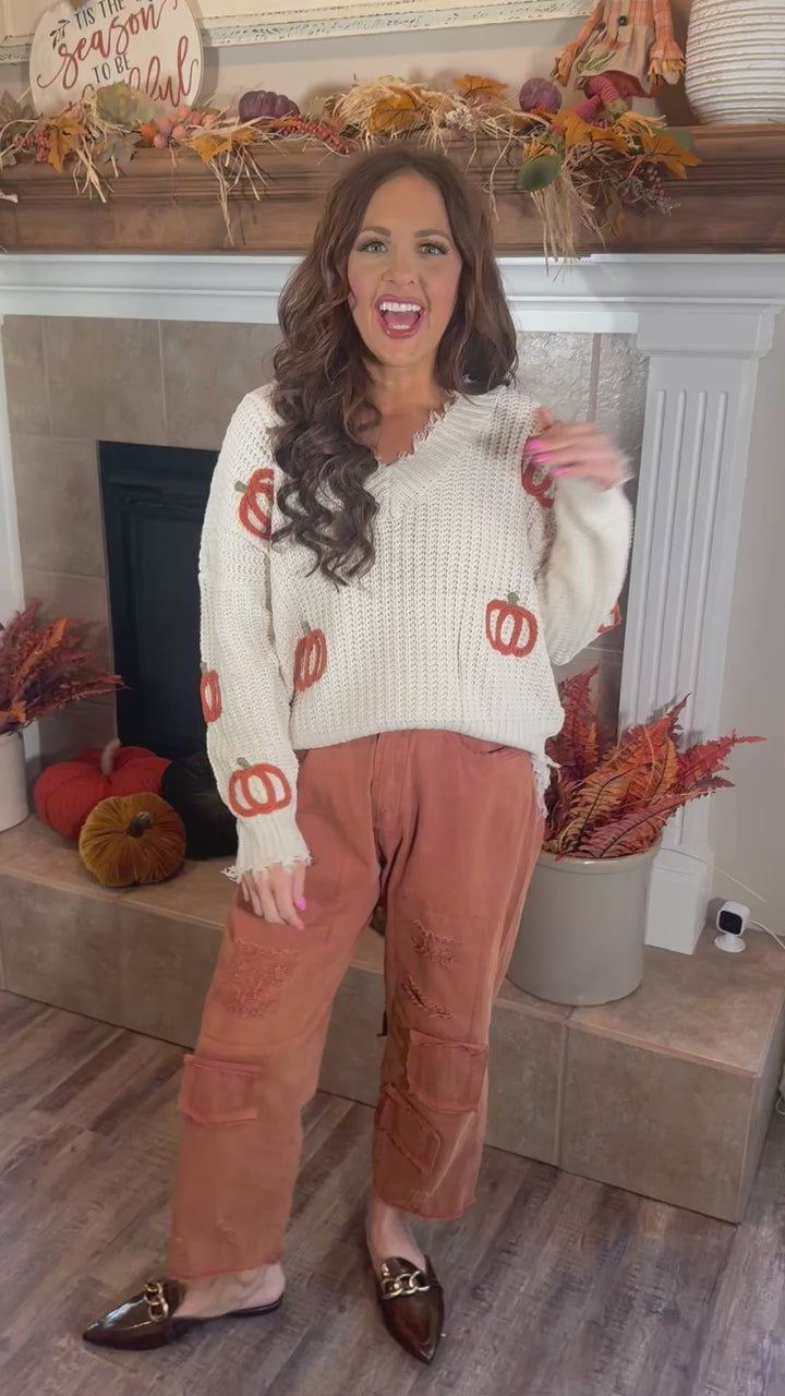 Ivory Pumpkin Patch V-Neck Frayed Sweater