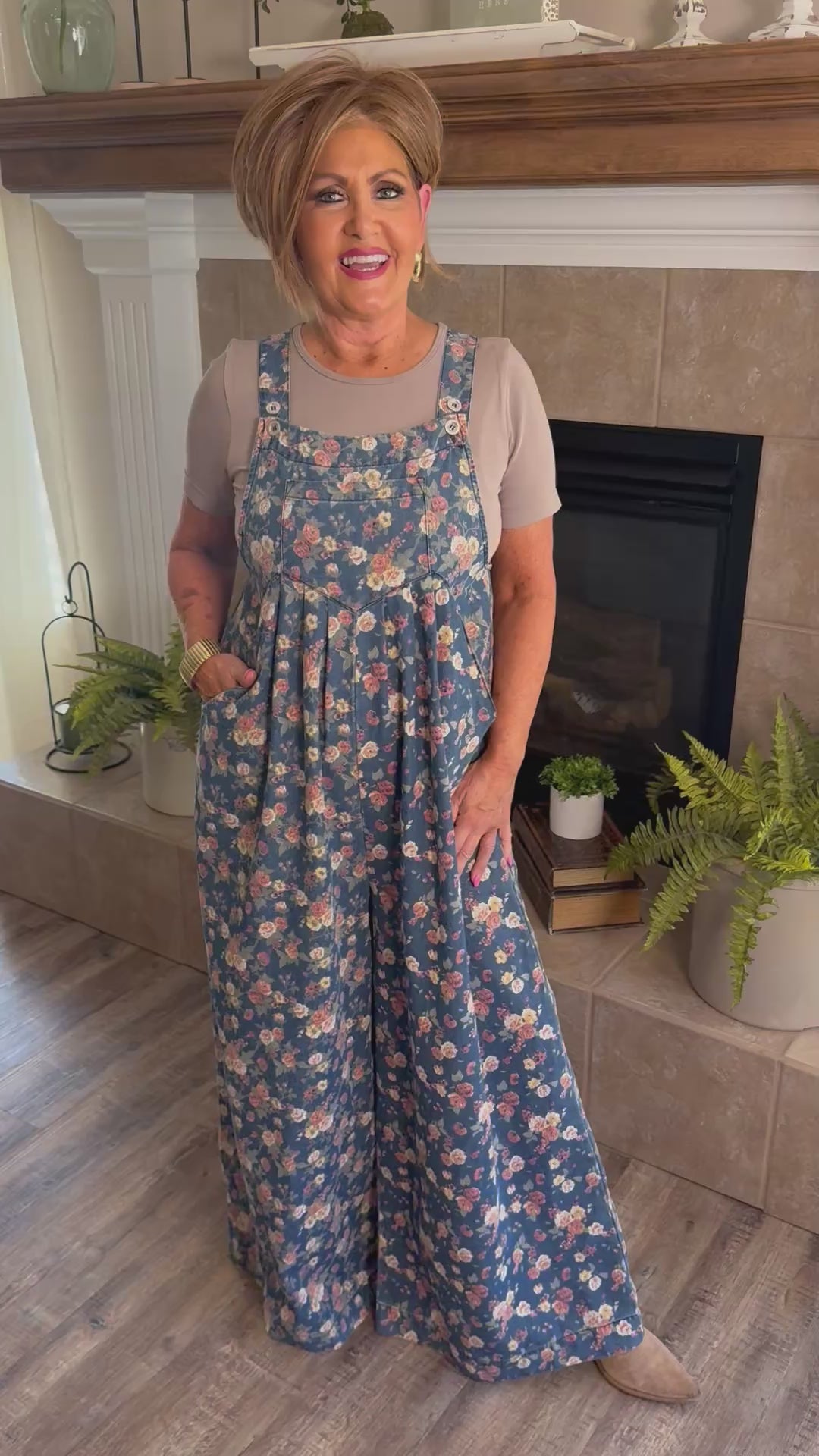 Washed Floral Print Denim Overall w/ Pleats