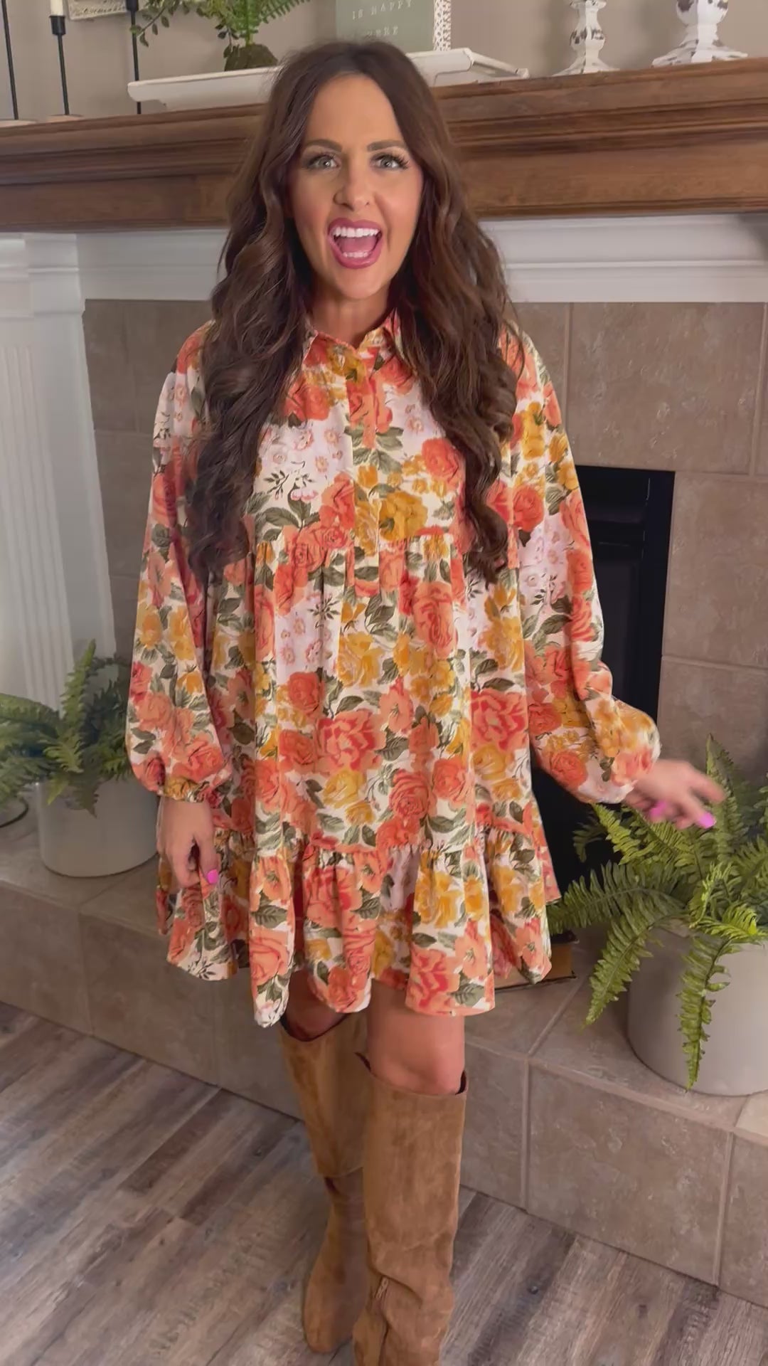 Floral Print Shirring Half Buttoned Shirt Dress