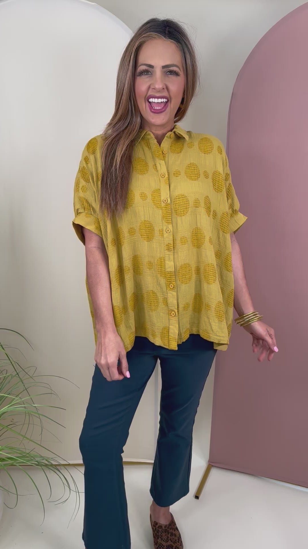 Golden Kiwi Texture Fabric Button Down Polka Dot Detailed Top - Final Sale