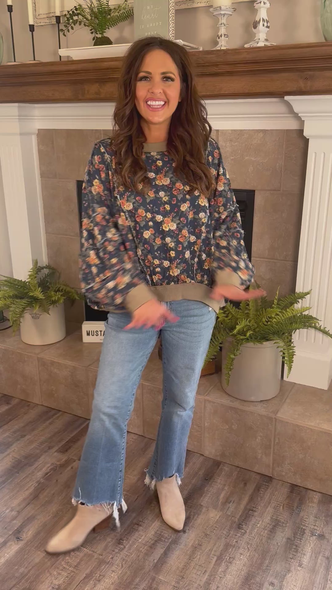 Washed Floral Denim Sweatshirt
