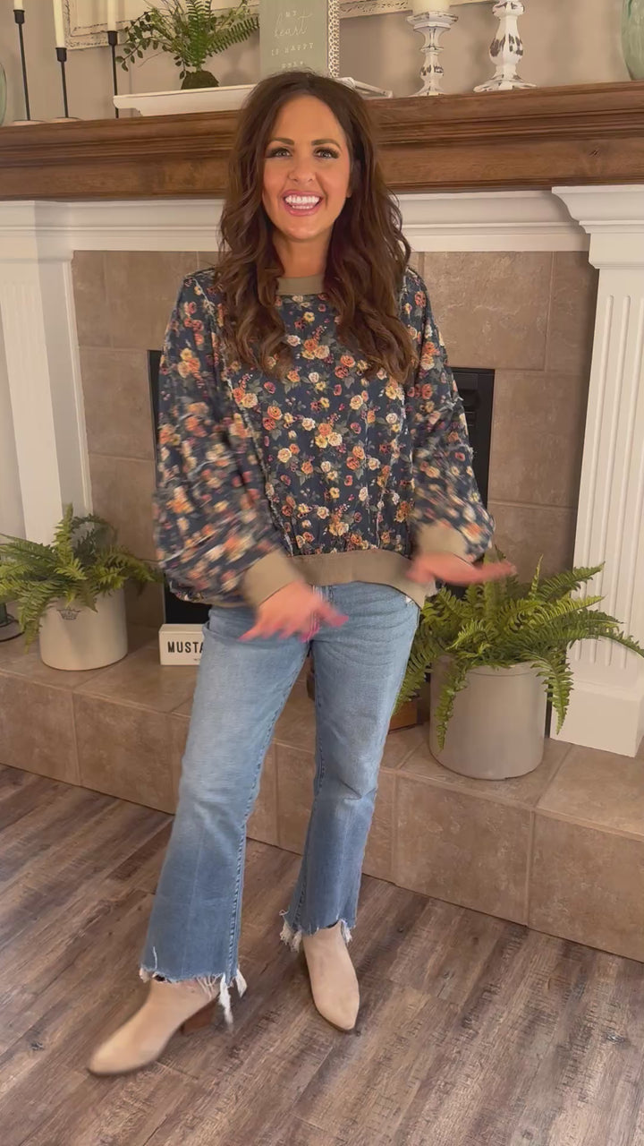 Washed Floral Denim Sweatshirt