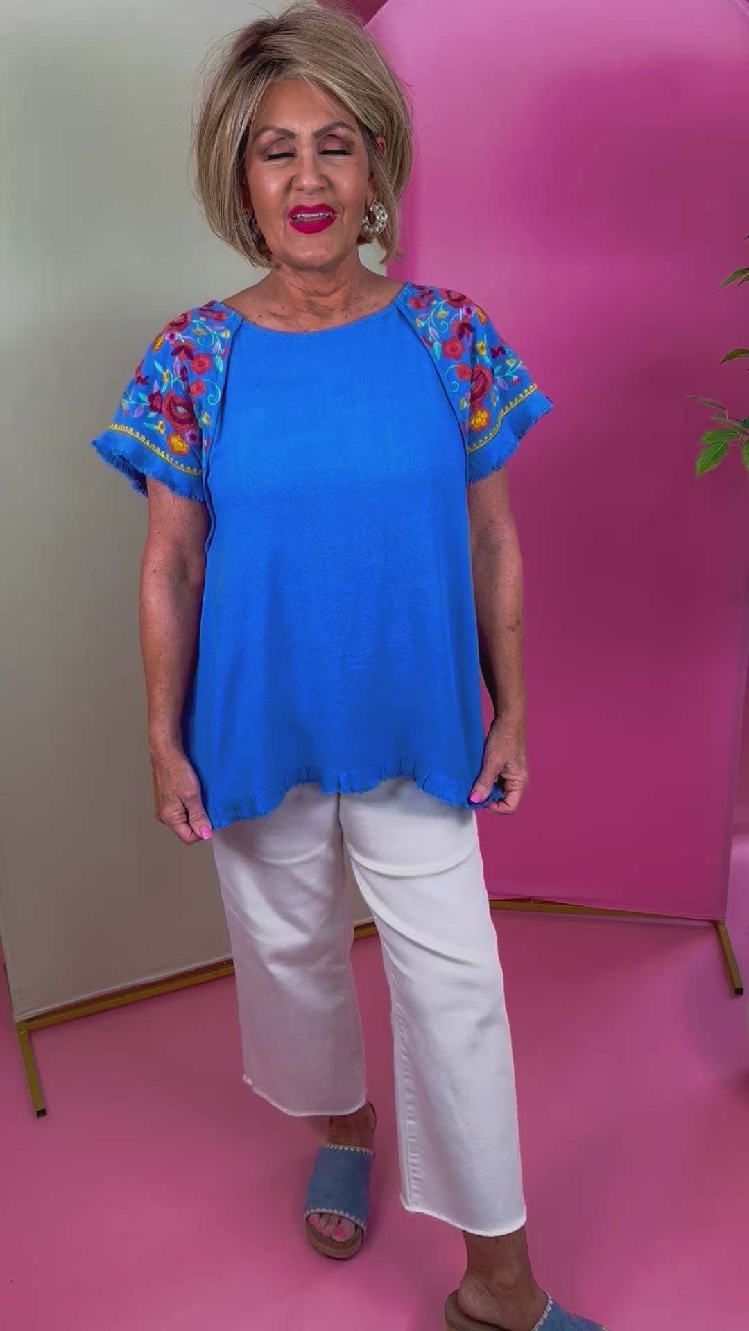 Embroidery Round Neck Short Sleeve Linen Top with Frayed Ruffle Trim - 2 Color Options - Small Through Extended Sizes