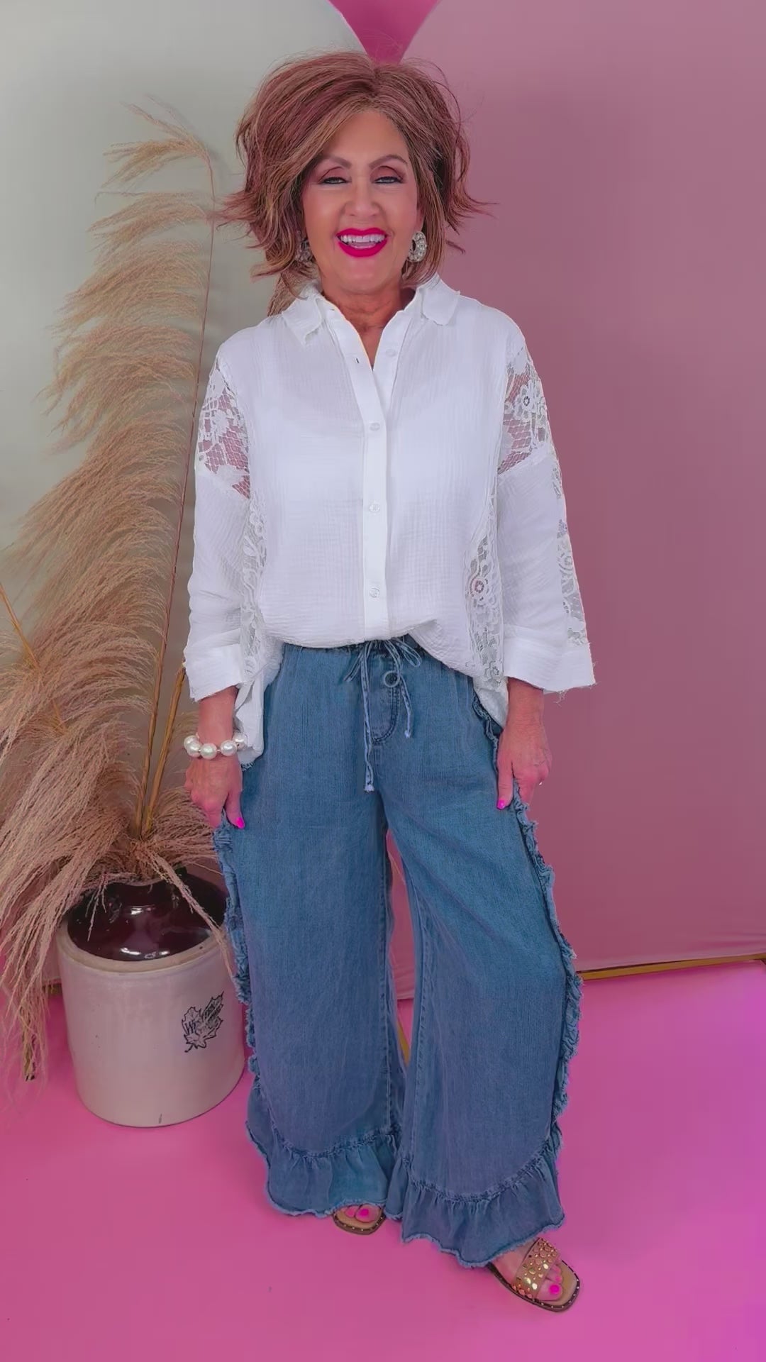Washed Ruffle Chambray Loose Fit Pants - Available Small Through Extended Sizes