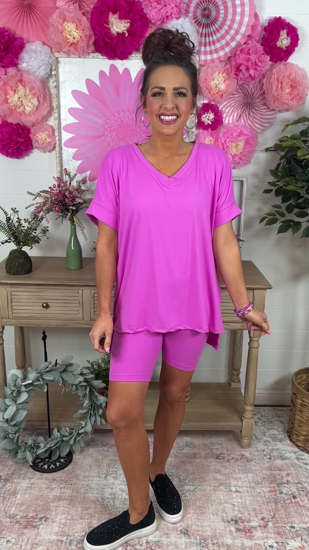 Microfiber V-Neck Top W/ Biker Shorts Set - 4 Color Options - Available Small- Extended Sizes