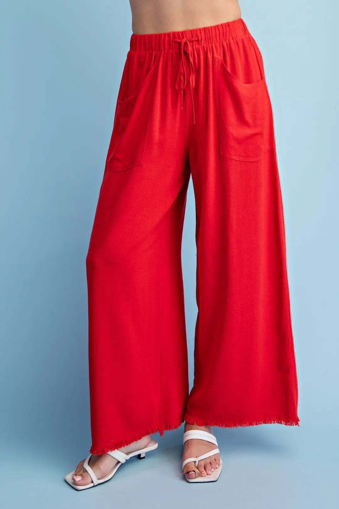 Frayed Hem Wide Leg Pants-Red