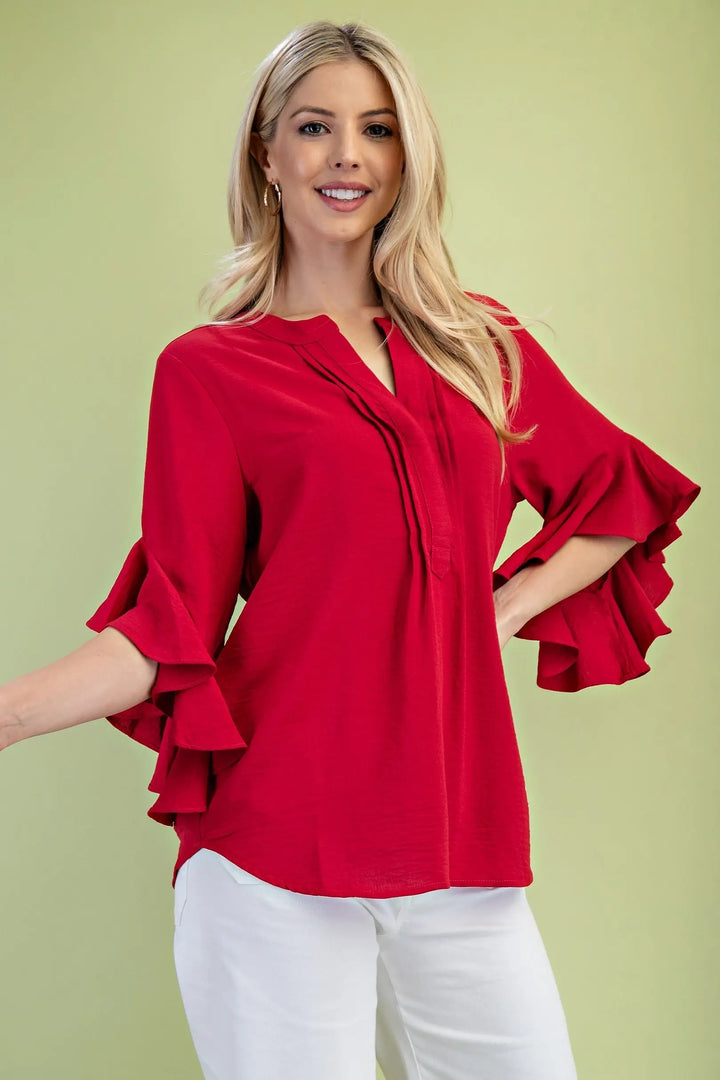 Ruffled Bell Sleeve Top-Red