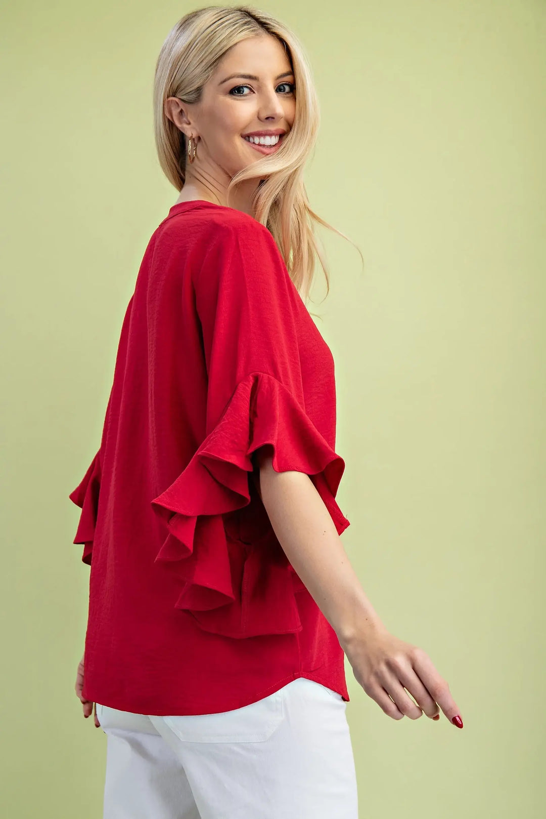 Ruffled Bell Sleeve Top-Red