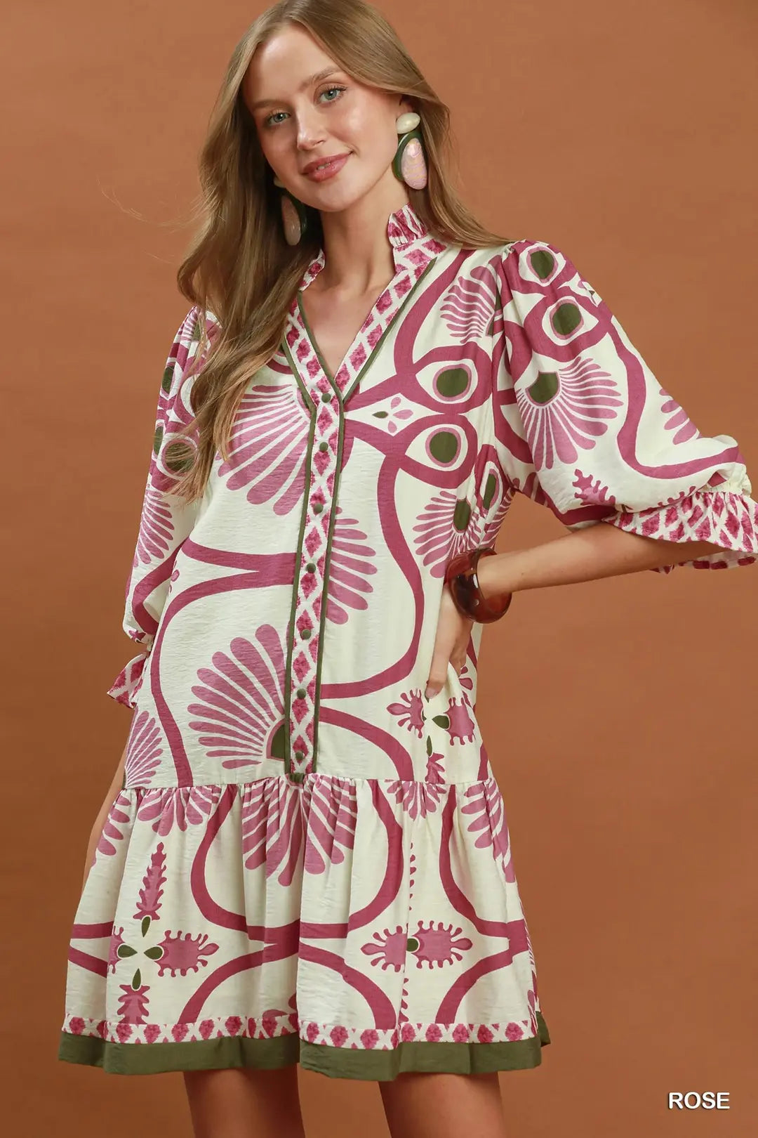 Rose/Olive Split Neckline Dress