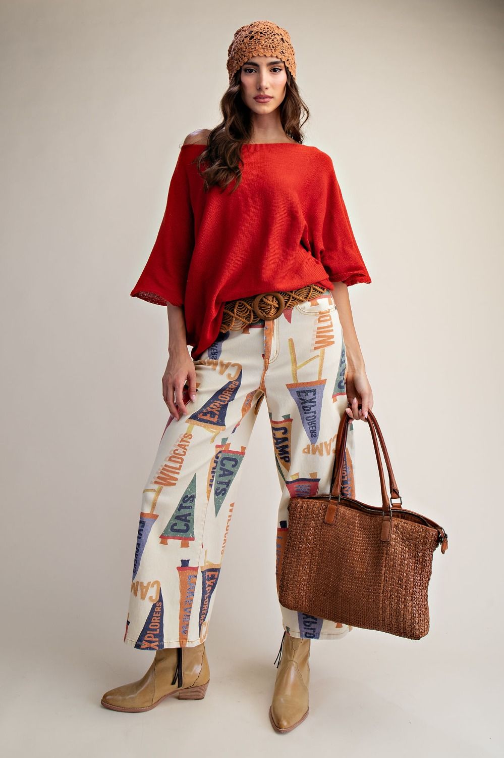 Boat Neck Knitted Sweater-Rust