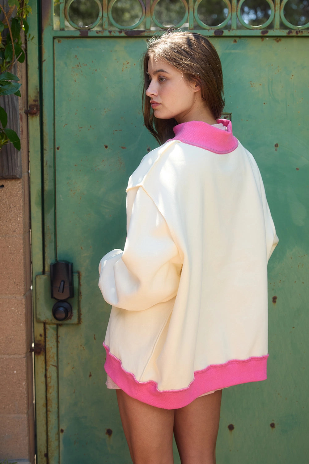 Mock Neck Oversized Sweatshirt-Pink/Cream-Arrives August
