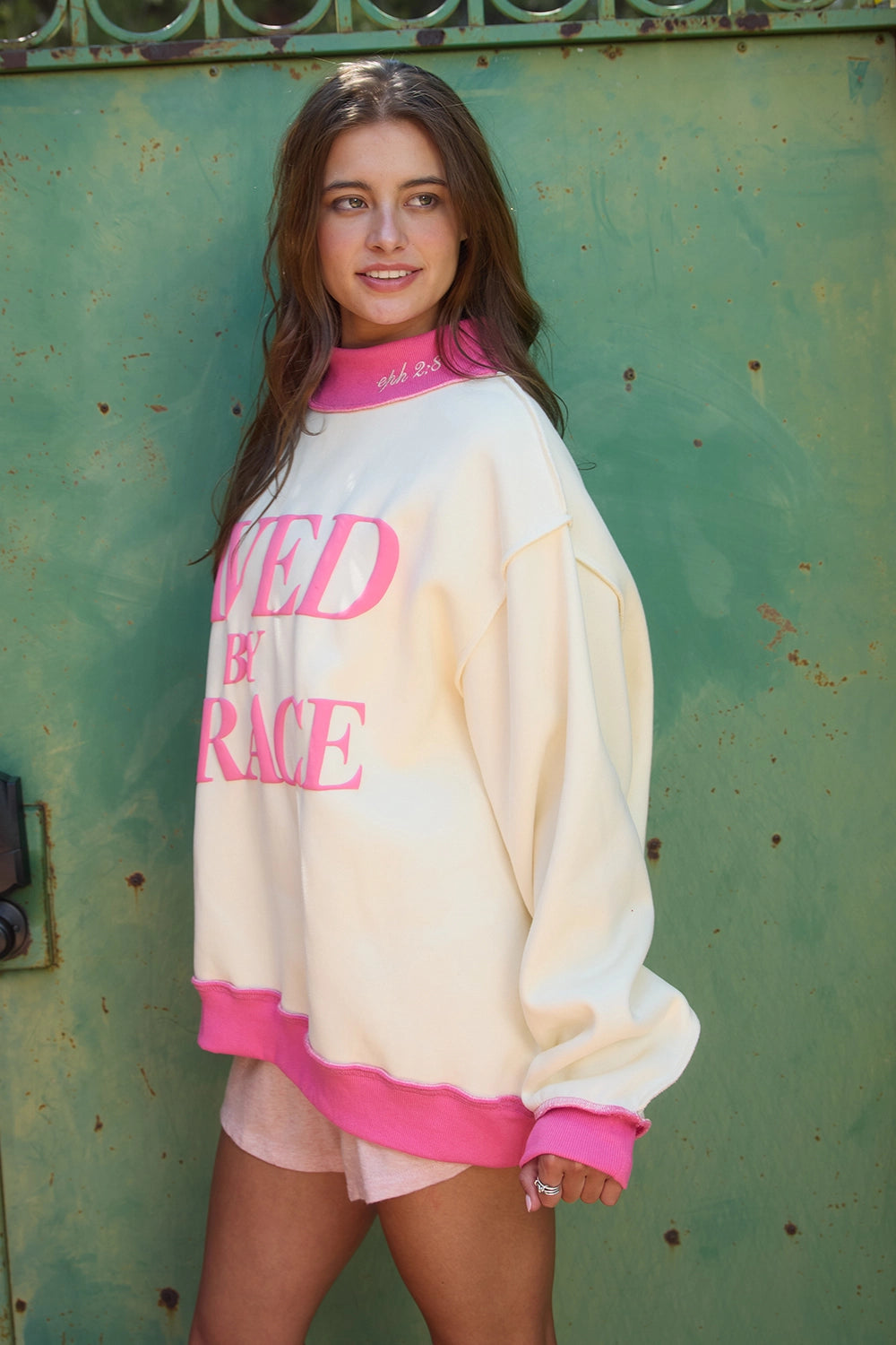 Mock Neck Oversized Sweatshirt-Pink/Cream-Arrives August