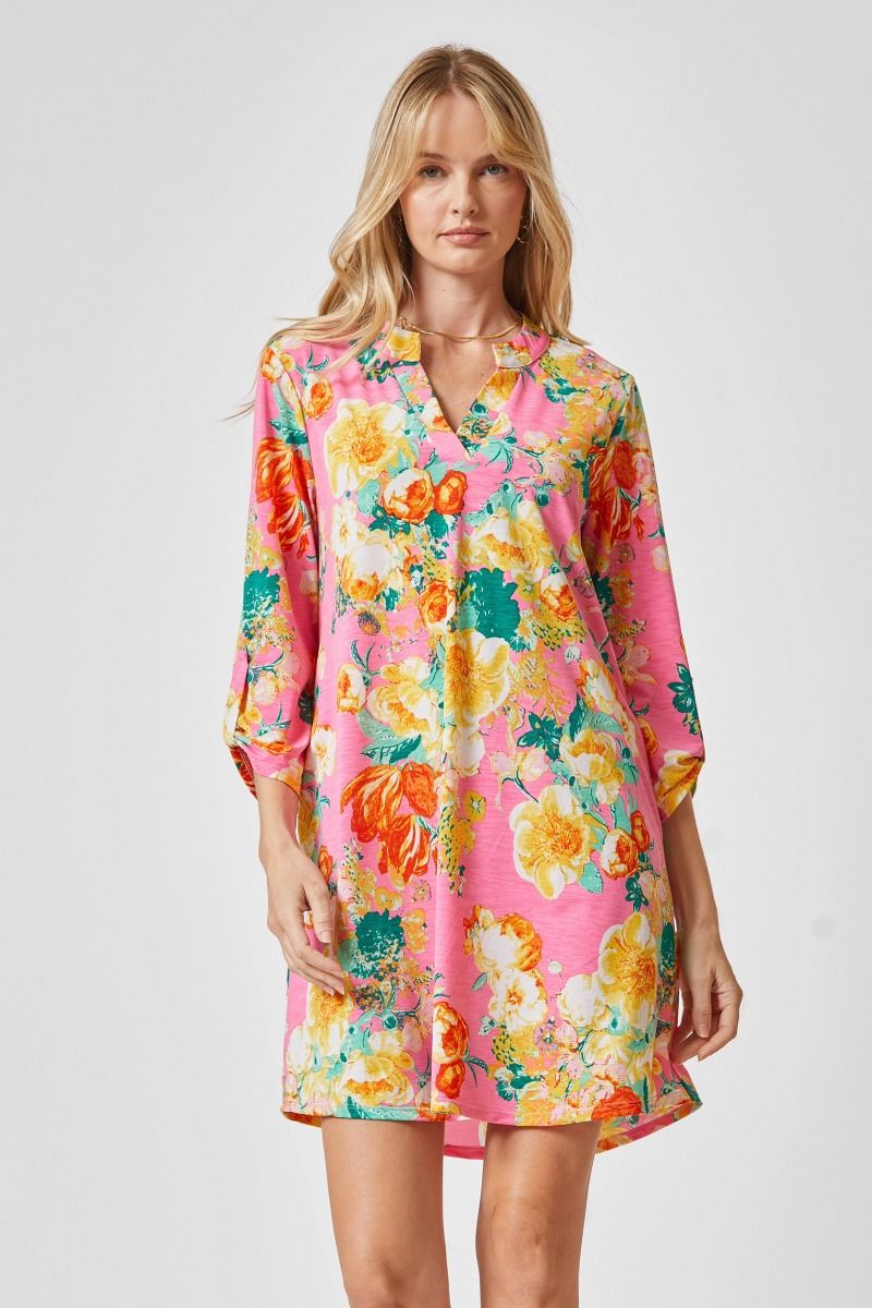 Hot Pink Multi-Colored Floral Shift Dress - Available Small Through Extended Sizes - Final Sale