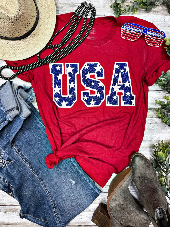 Red USA Tee in Blue Glitter