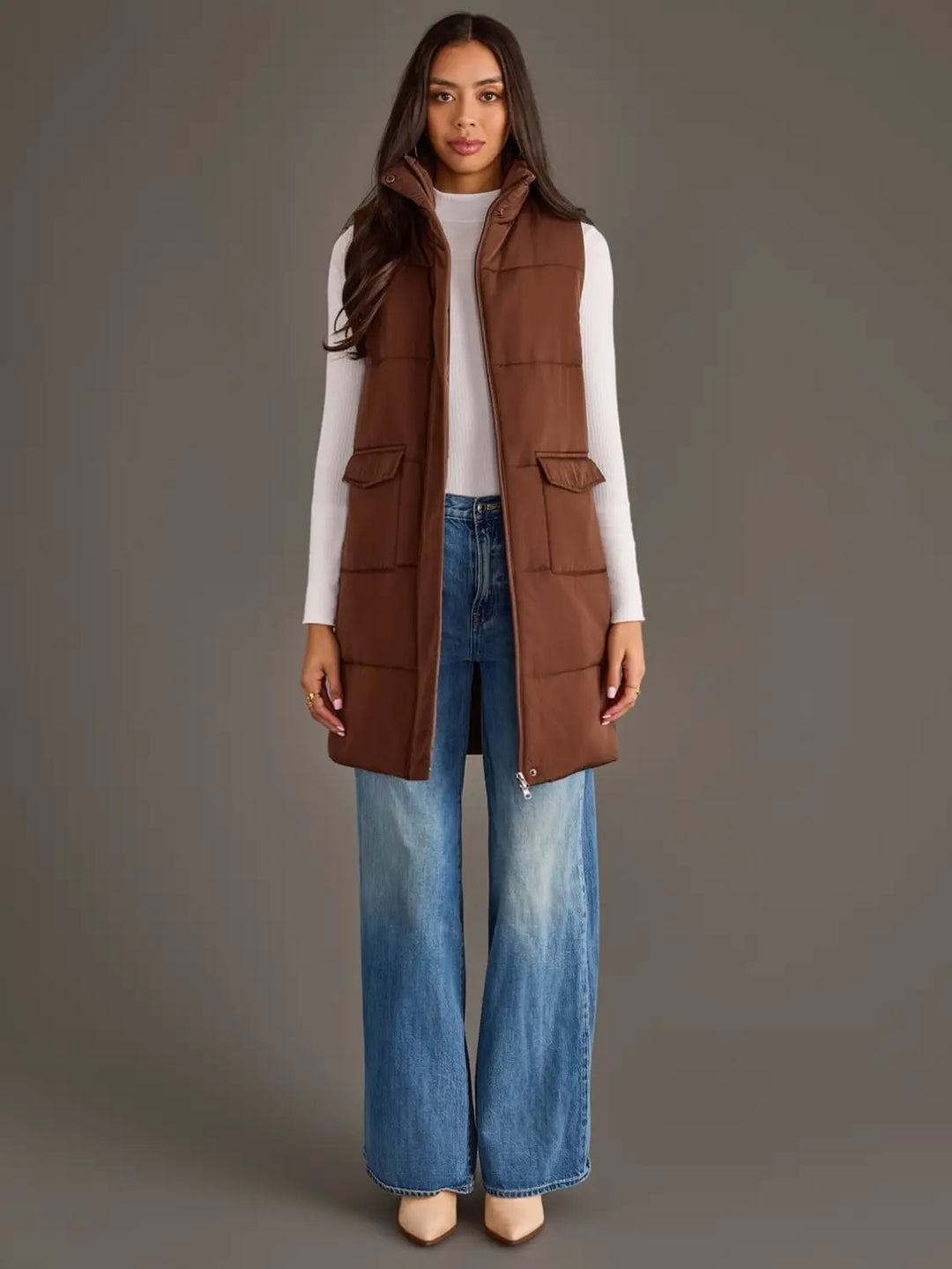 Long Quilted Vest-Chocolate