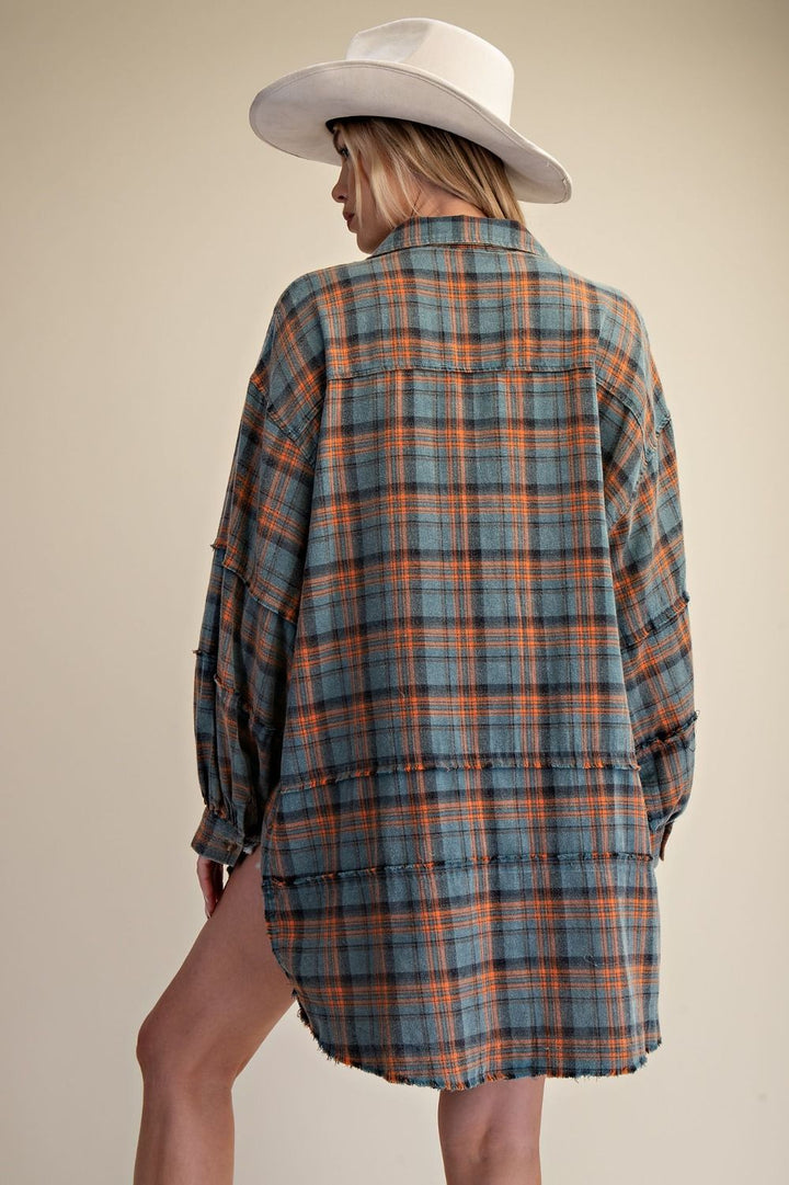 Mineral Wash Plaid Shirt-Vintage Teal