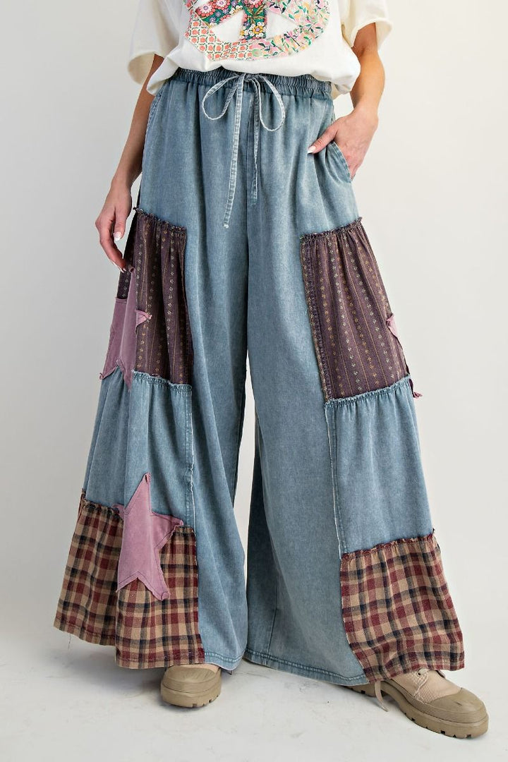 Mixed Print Mineral Washed Chambray Pants