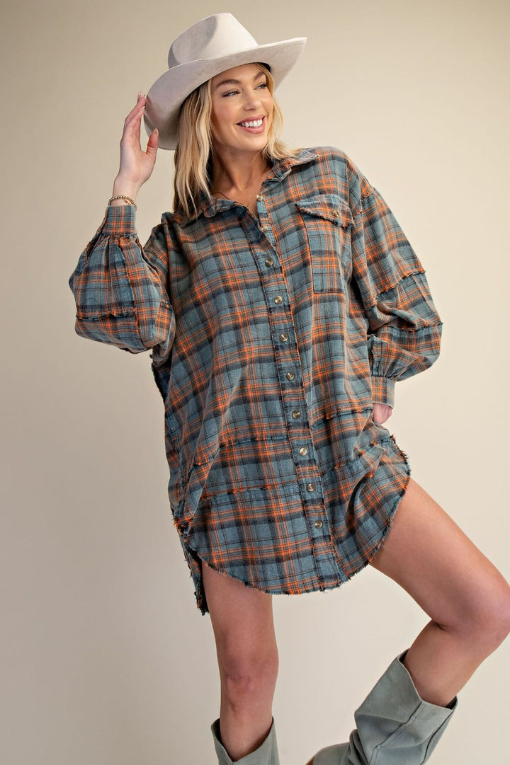 Mineral Wash Plaid Shirt-Vintage Teal
