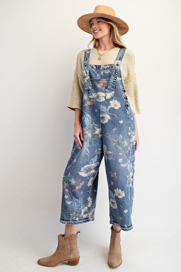 Flower Printed Washed Denim Overalls-Almond
