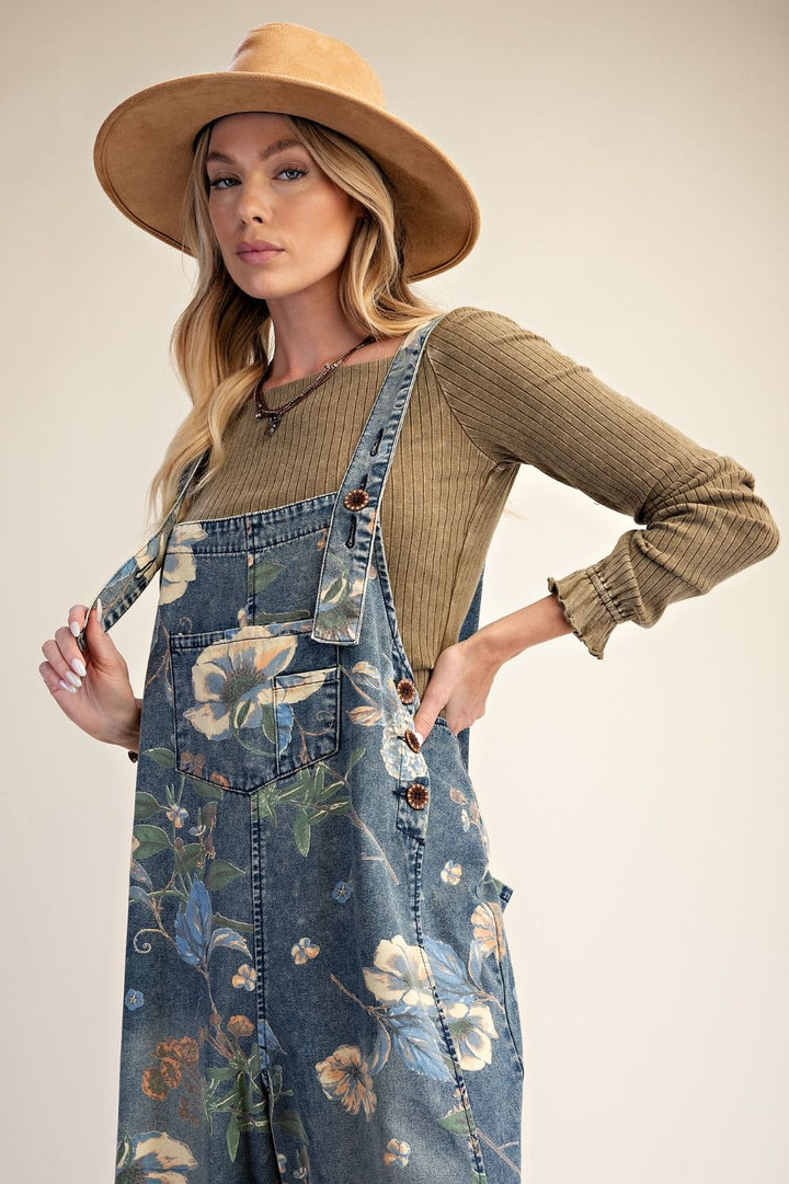 Flower Printed Washed Denim Overalls-Almond