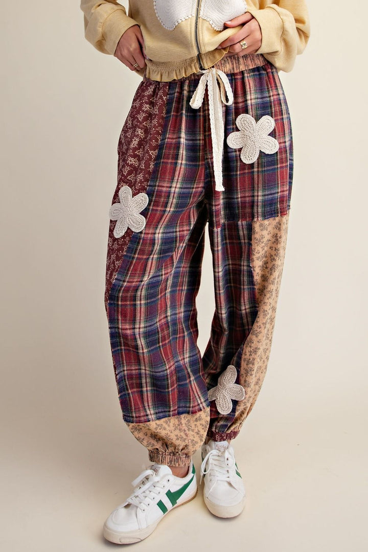 Plaid and Floral Printed Mix Washed Pants-2 Color Options-Mocha or Wine