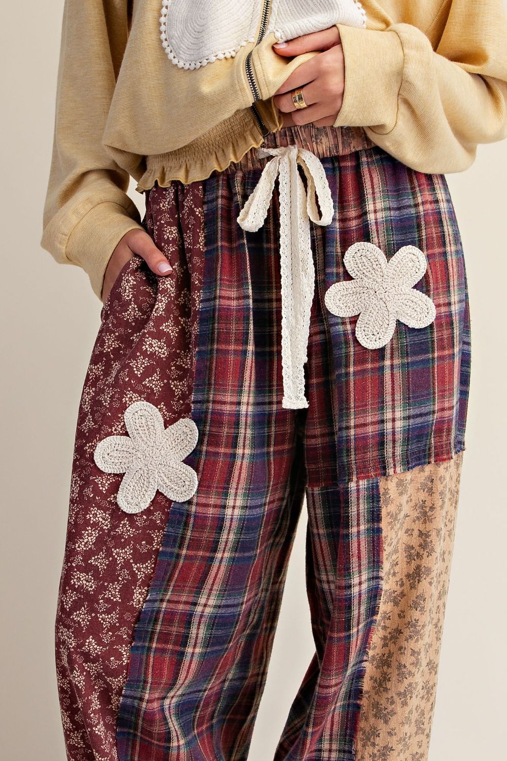 Plaid and Floral Printed Mix Washed Pants-2 Color Options-Mocha or Wine