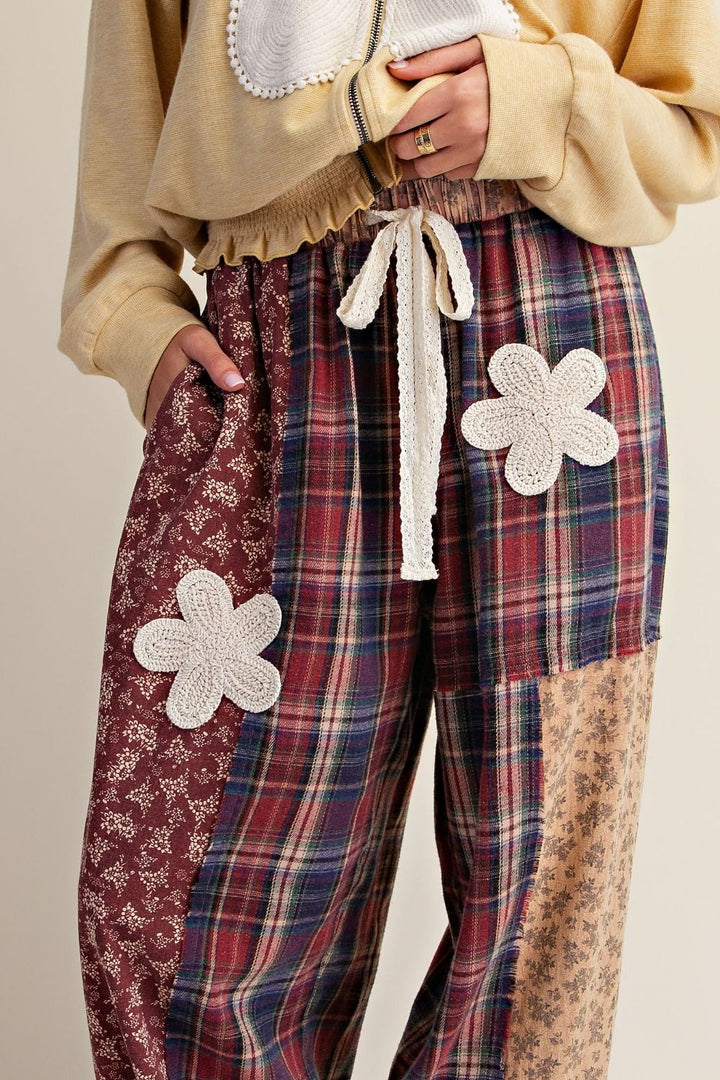 Plaid and Floral Printed Mix Washed Pants-2 Color Options-Mocha or Wine