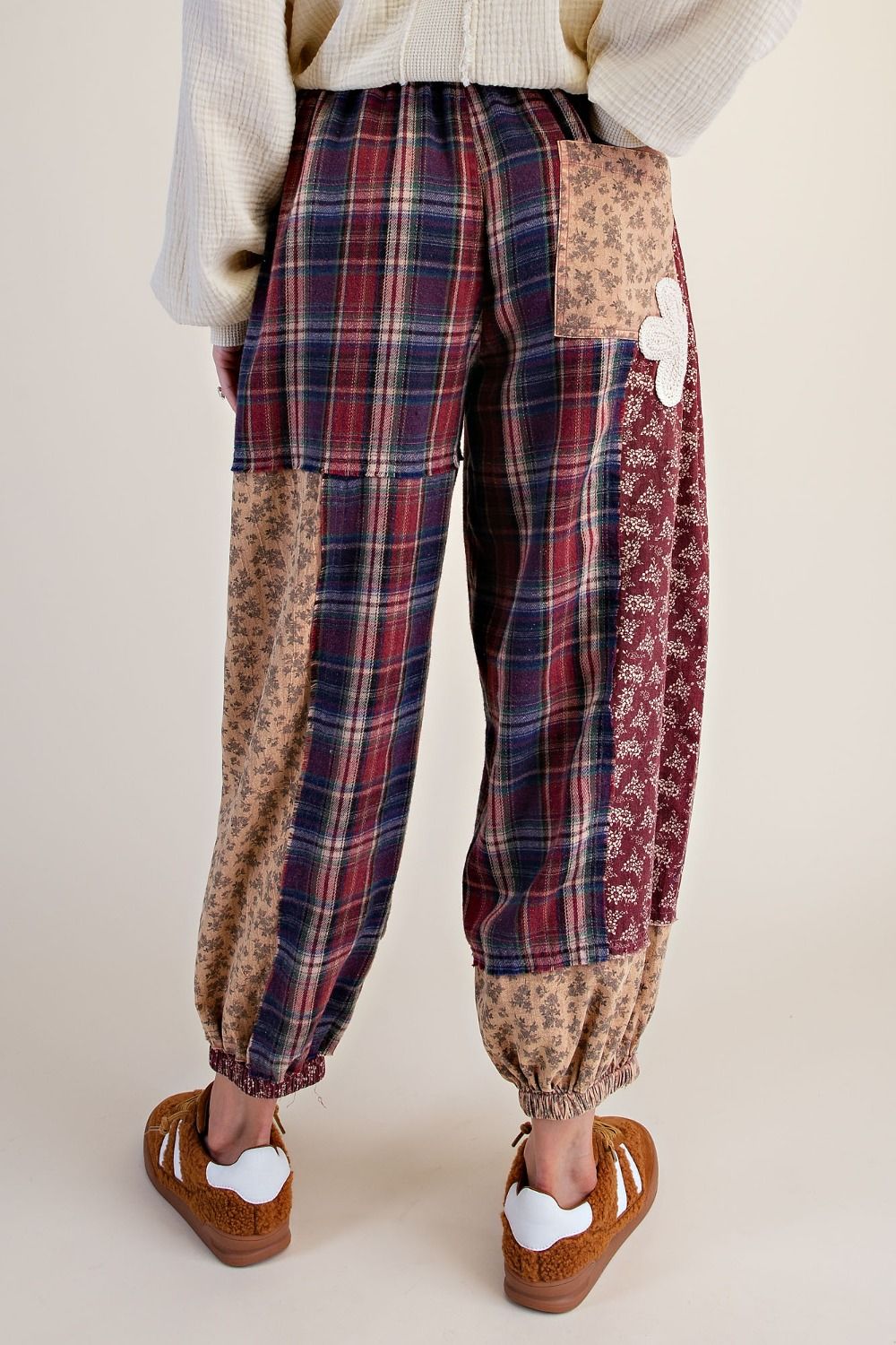 Plaid and Floral Printed Mix Washed Pants-2 Color Options-Mocha or Wine