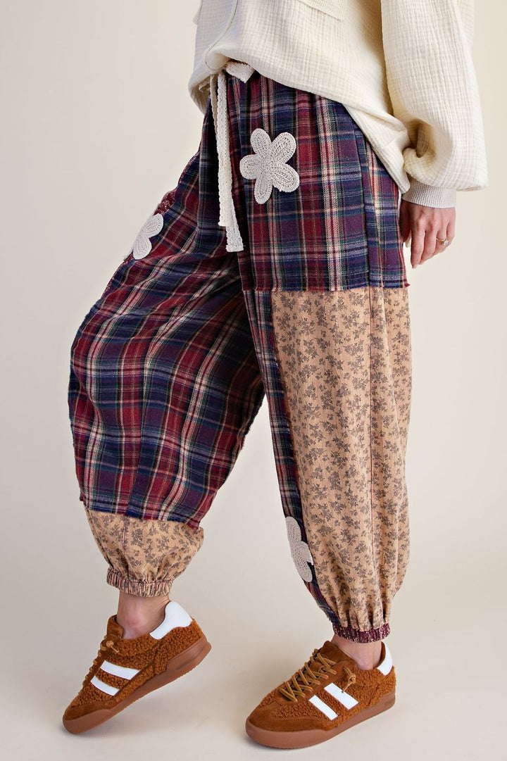 Plaid and Floral Printed Mix Washed Pants-2 Color Options-Mocha or Wine